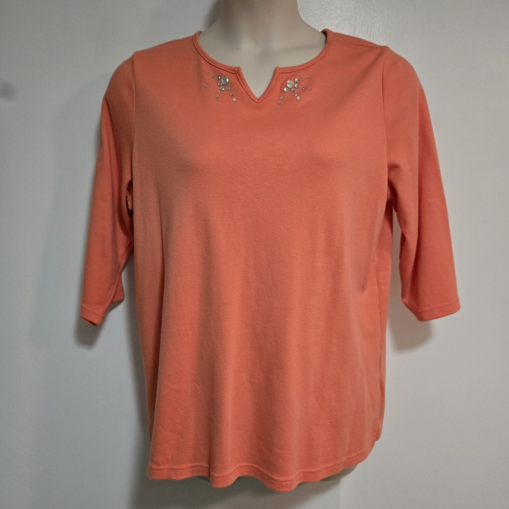Quacker Factory Size XL Coral Orange Split Neck 3/4 Sleeve Tunic Top A596349